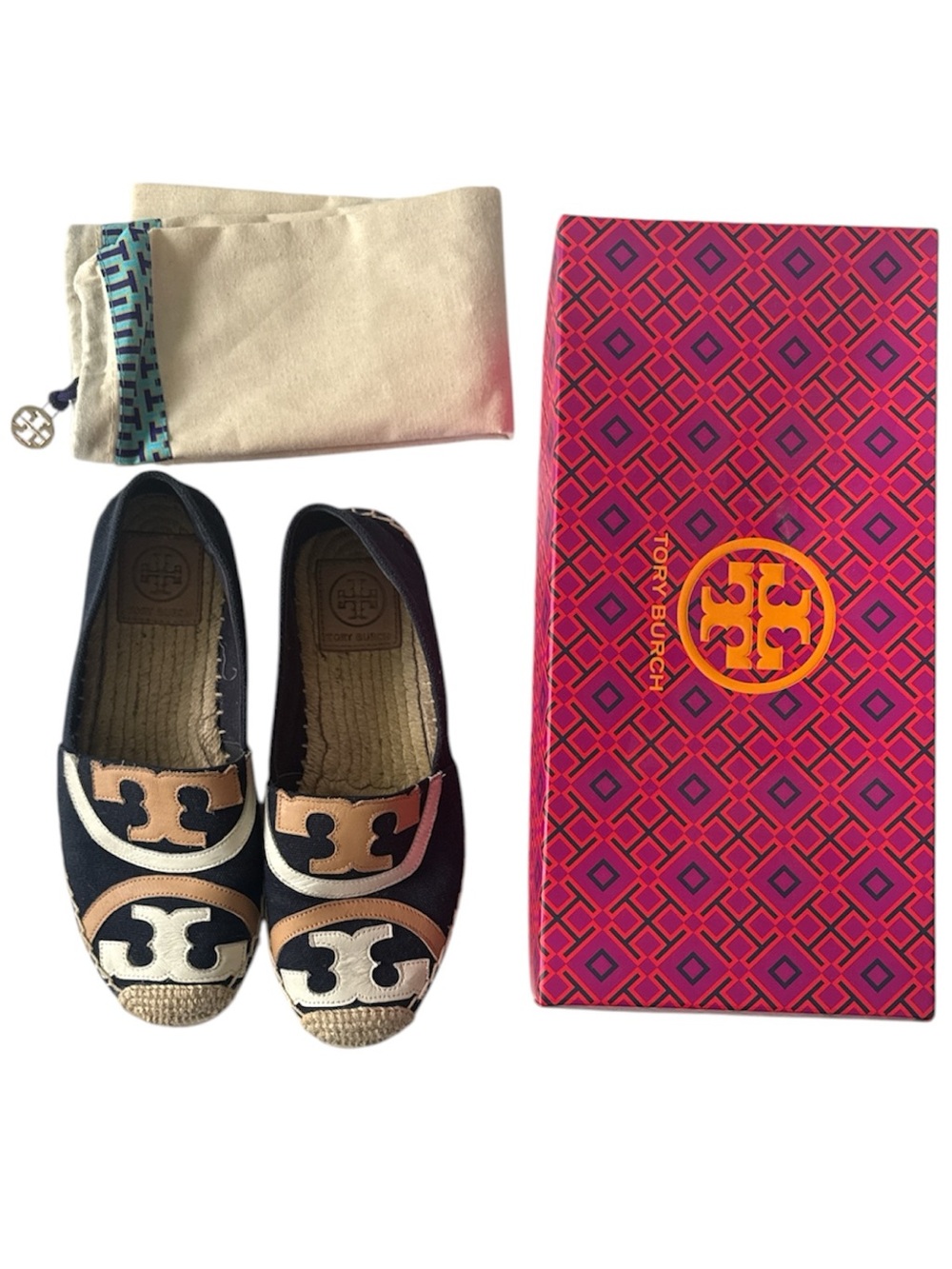 Tory Burch Navy & Beige Logo Espadrille Flats with Jute Toe